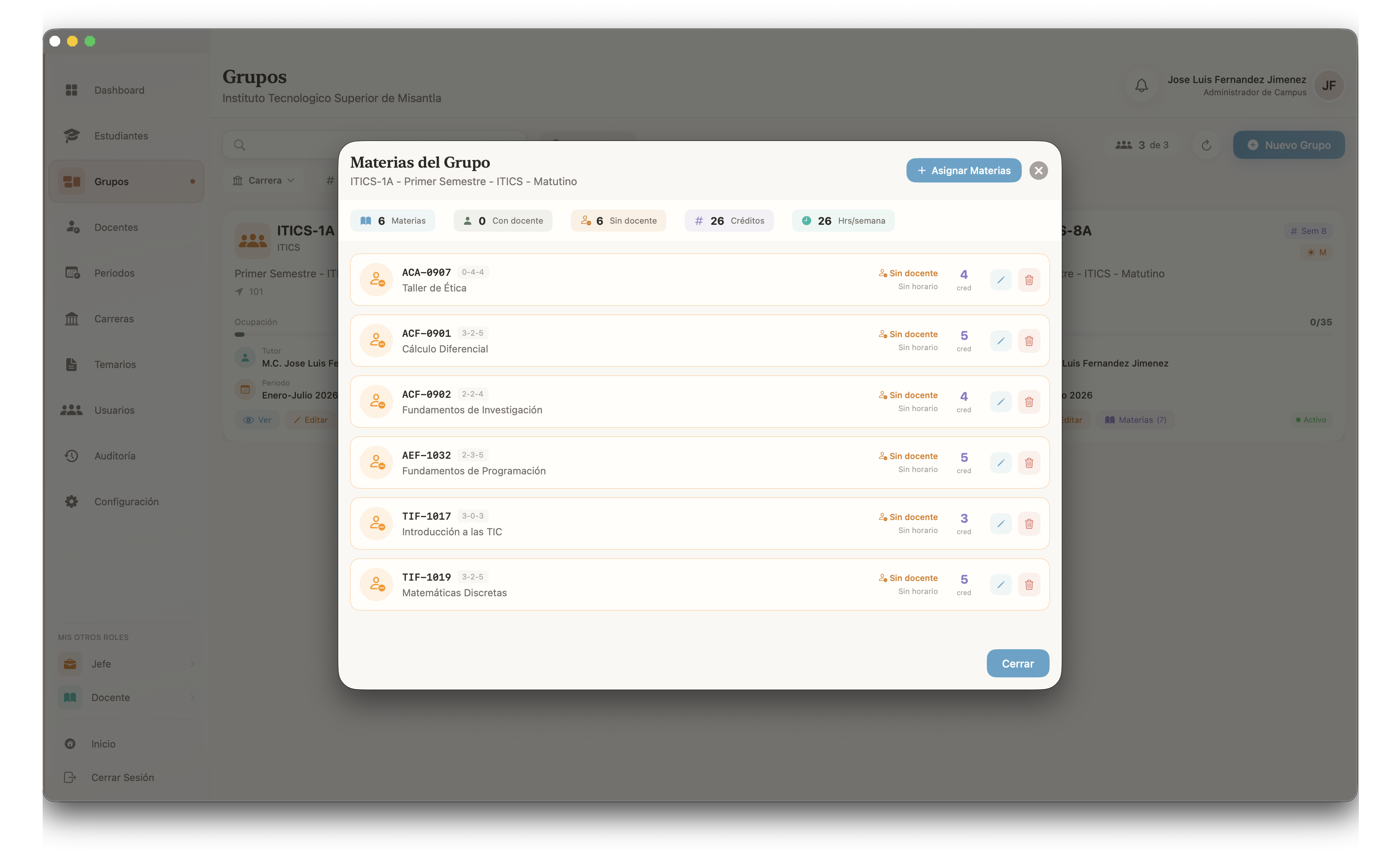 Administración de grupos y materias