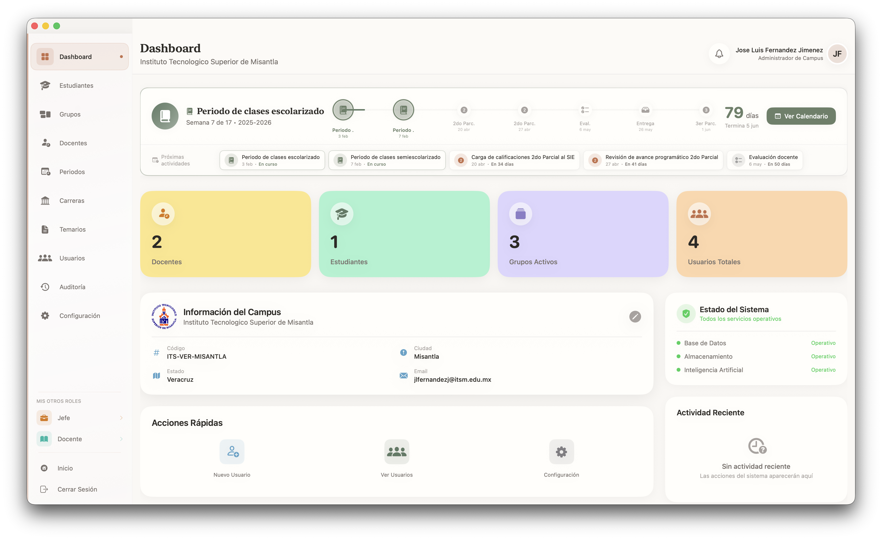 Dashboard administrativo con estadísticas del campus