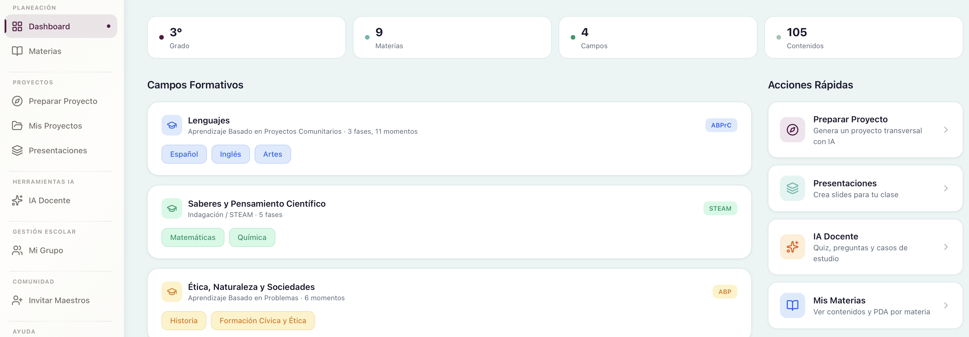 Dashboard de Educación con IA mostrando campos formativos, materias y acciones rápidas